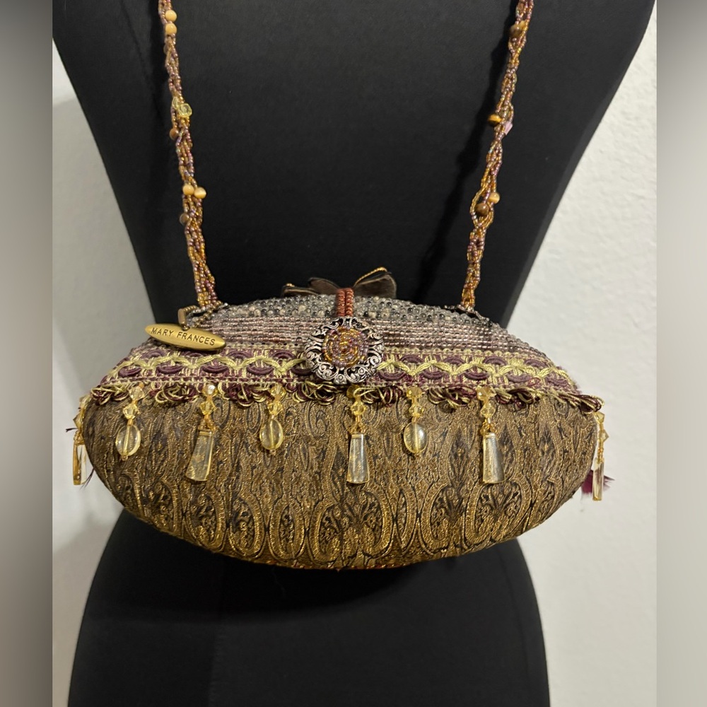 Mary Frances Gold and Burgundy Beaded Fringe Crossbody Clutch - Picture 8 of 16